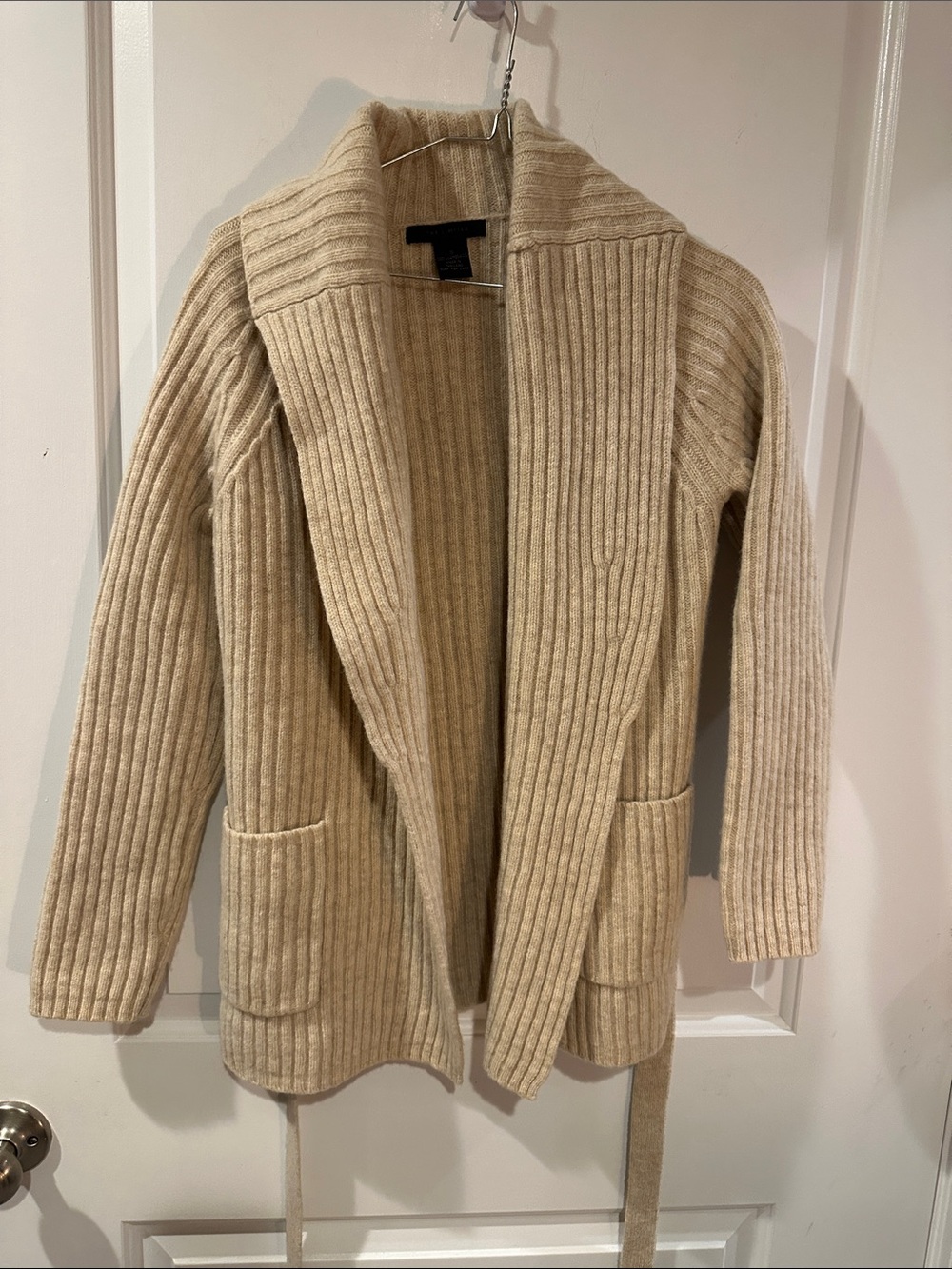 The Limited 100% lambswool Cream Ribbed Open-Front Knit Trench Cardigan